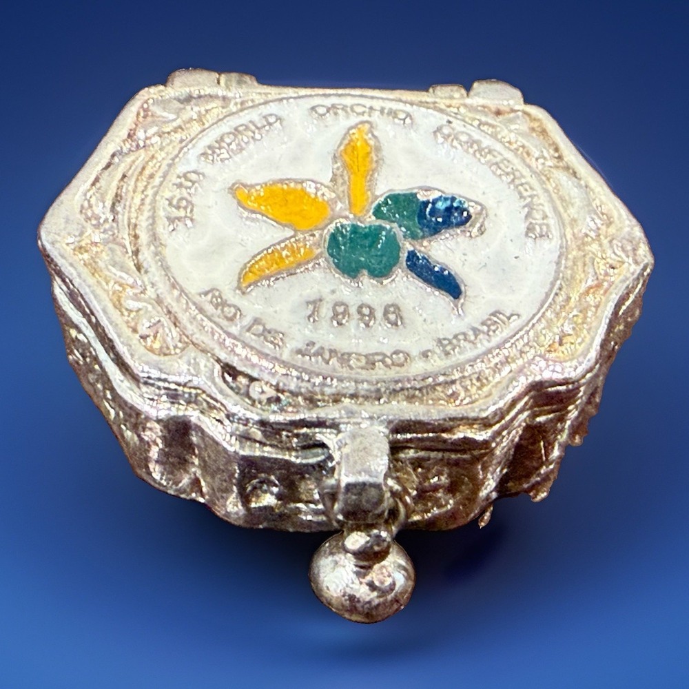1996 Rio Brasil 15th World Orchid Conference Enamel Trinket Pill Box Vtg 1.5"